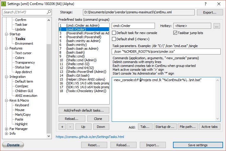 Options de configuration de cmder