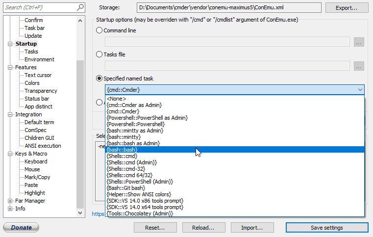 Options de lancement de cmder