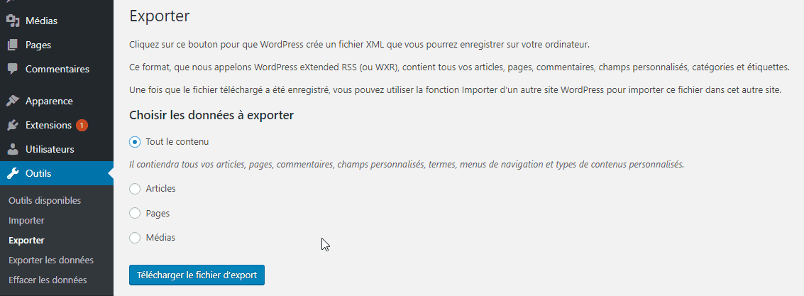 interface wordpress d'exportation
